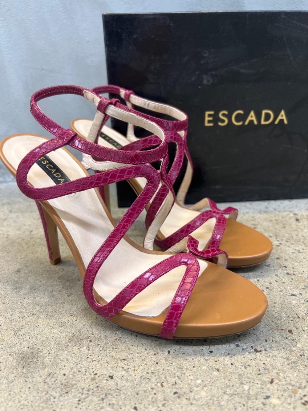 Escada Pink Strappy Snake-Texture High Heel Sandals